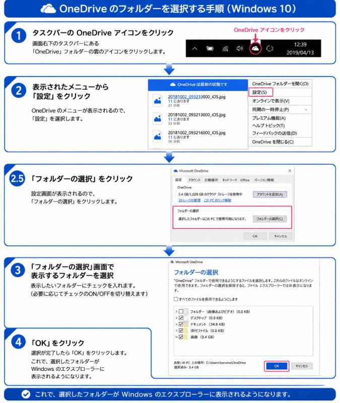 Windows 10でOneDriveのフォルダーを選択する手順を示した図