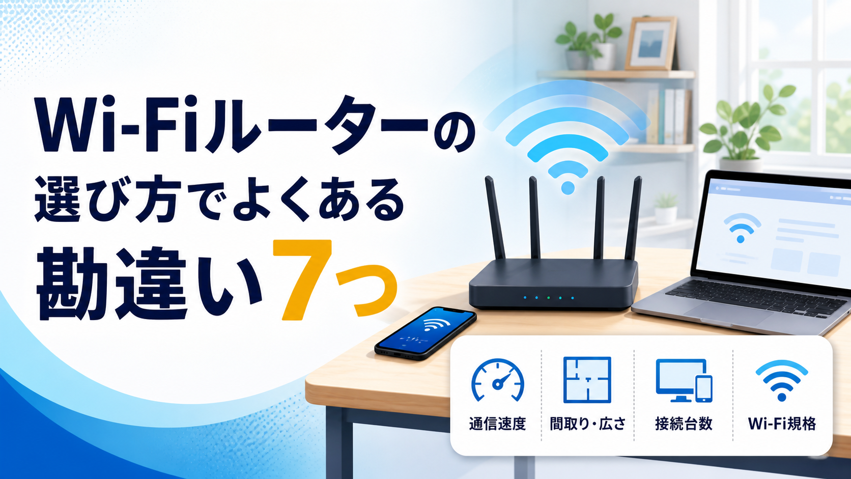 Wi-Fiルーターの選び方でよくある勘違い7つを示すイラスト。ルーター、スマートフォン、パソコン、通信速度や間取りなどの選定基準を描いている