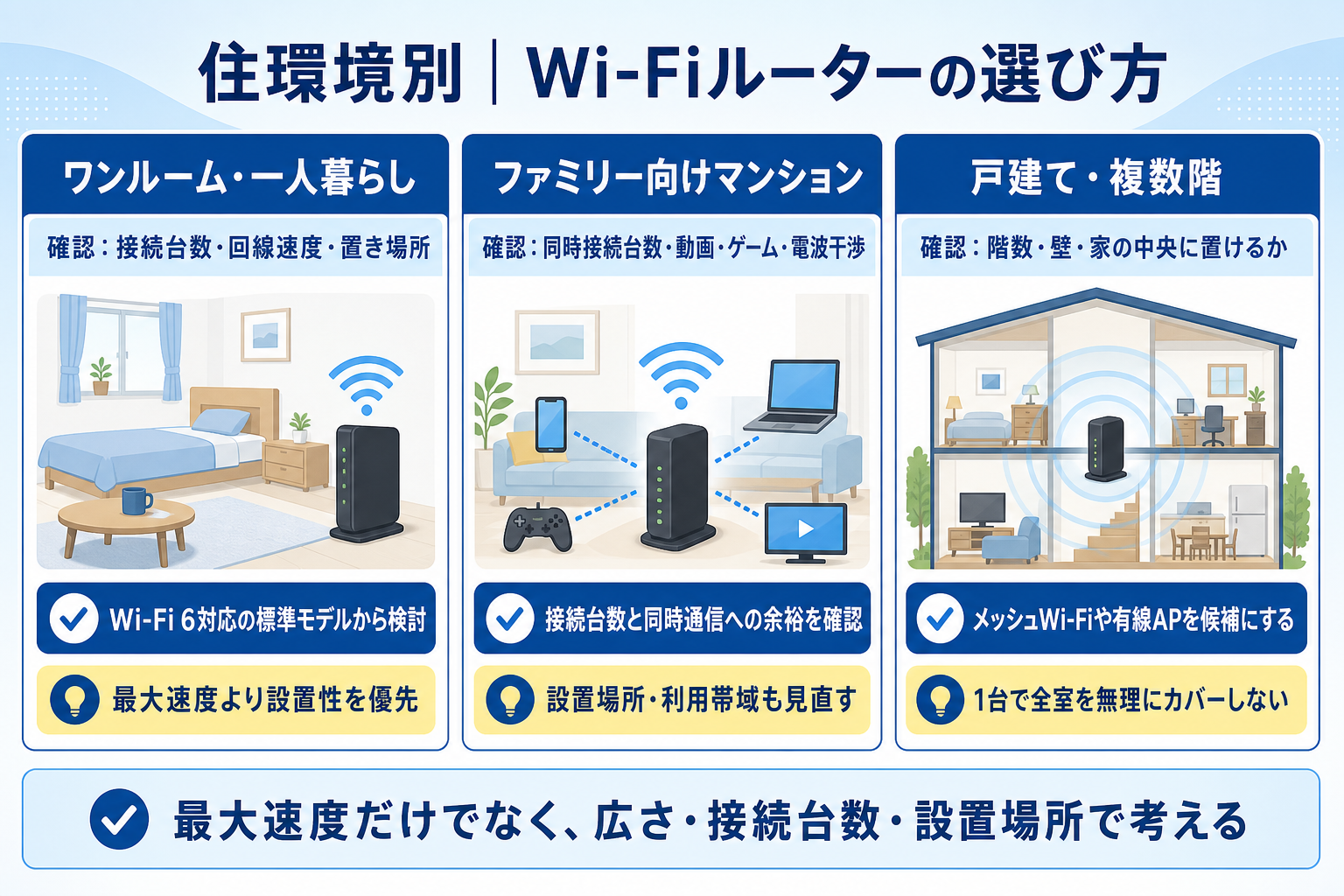 ワンルーム・一人暮らし、ファミリー向けマンション、戸建て・複数階の条件別に、Wi-Fiルーターの確認ポイントと選び方を比較した図解