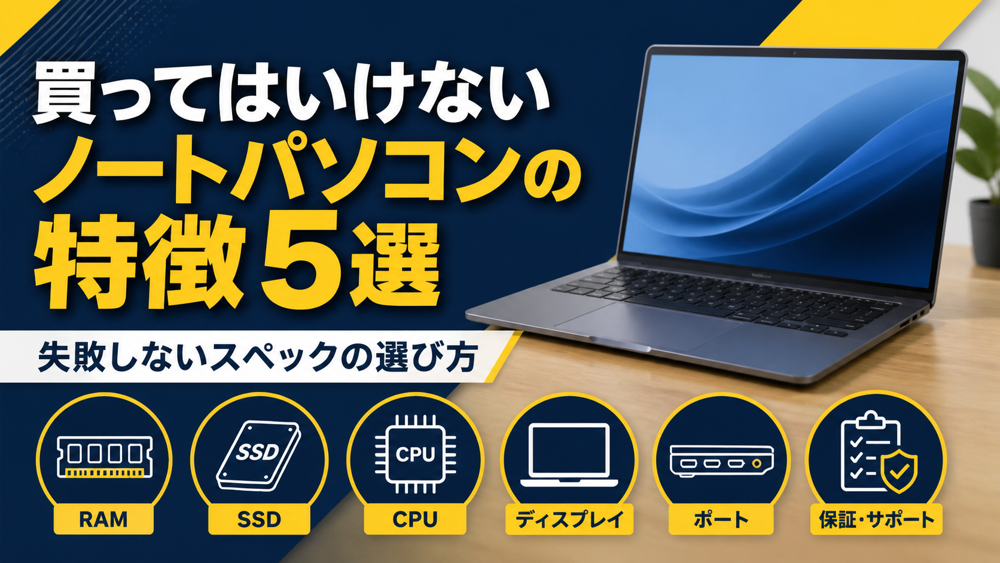 買ってはいけないノートパソコンの特徴5選とスペック確認項目を示すイメージ
